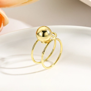 Minimalist 18k gold plated double-layer open ring with a hollow spherical bead accent