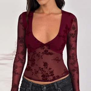 T-Shirt En Dentelle À Flocage Floral Top En Maille Transparente À Col En V Manches Longues Coupe Ajustée Sexy Clubwear Femmes
