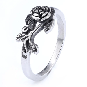 Vintage punk style 316 stainless steel rose ring with antique silver finish details