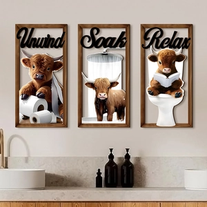 Three-piece farmhouse Highland Cow bathroom wall art with Unwind Soak Relax wood frames