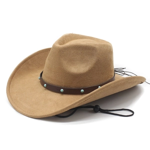 Classic camel faux suede western cowboy hat with turquoise studded band and chin strap