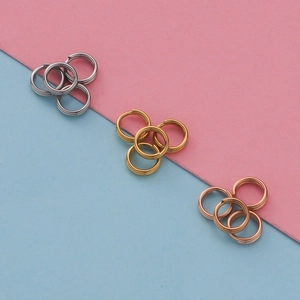 Detail of stainless steel double open jump rings in silver, gold, and rose gold colors