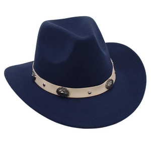 Detail of navy wide brim wool fedora with leather band and vintage metal buckles