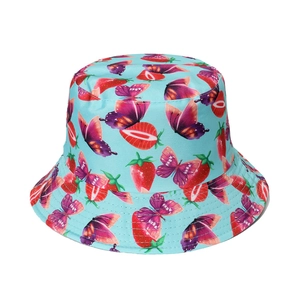 Light blue fisherman hat featuring strawberry and purple butterfly prints in a front view