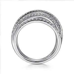 Detail of silver-tone multi-layer crisscross ring with pavé-set sparkling cubic zirconia