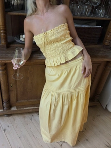 Women Summer Cotton Smocked Tube Top And Tiered A-Line Long Skirt Bohemian Vacation Style Ruffle Lace Trim