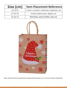 Detailed size guide table for Kraft paper Christmas gift bags with item references