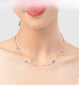 Close-up of s925 silver Evil Eye choker necklace on model featuring blue enamel pendants