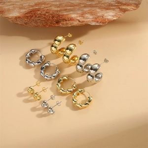 Minimalist 14K gold plated bamboo knot stud earring set with gold and silver hoops