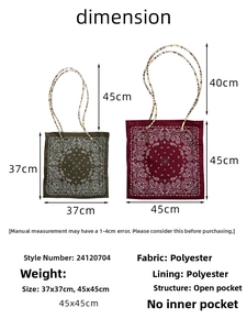 Detailed size chart of paisley tote bags in green and red with dimension annotations