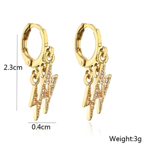 Golden lightning bolt earrings with zircons showing dimensions of 2.3cm length and 3g weight