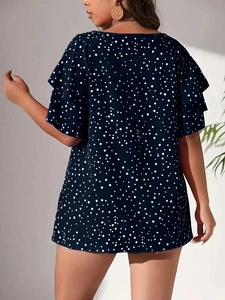 Navy blue polka dot loose blouse for women with double-layered ruffle sleeves