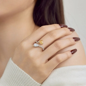 Detailed close-up of a silver sunflower ring featuring yellow pear-cut stones and tiny diamonds