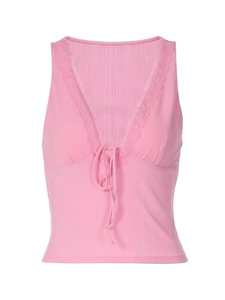 Top a costine rosa con scollo a V in pizzo e coulisse frontale dal taglio aderente