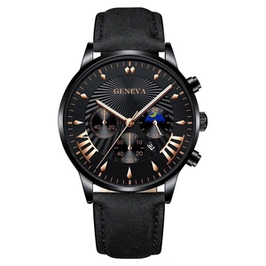 Elegant men's black quartz watch with leather strap and Roman numeral dial design