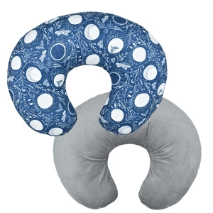 Detail of blue lunar print and grey velvet nursing pillow covers with U-shape design