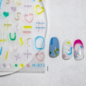 3D embossed nail stickers M-073 with colorful hearts and stars on a matte base