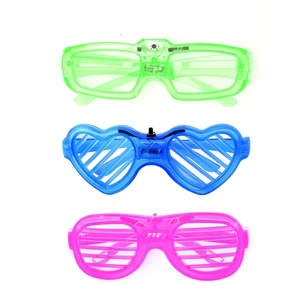 Three-pack LED light up party glasses in neon green, blue heart, and pink shutter styles