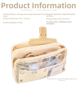 Detailed view of 3-layer clear pencil case with multiple zippers and large capacity