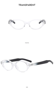 Detailed front and side views of transparent eyewear frames with black temples