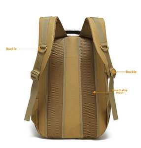 Detail view of khaki tactical backpack featuring breathable mesh back panel and D-rings