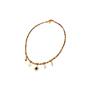 Ethnic style sun tiger eye stone pendant necklace with vintage gold beads for women