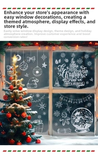 Close-up of white Christmas window stickers with snowflakes and festive holiday patterns