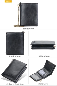 Close-up of black leather wallet showing multiple card slots and bronze anti-theft chain
