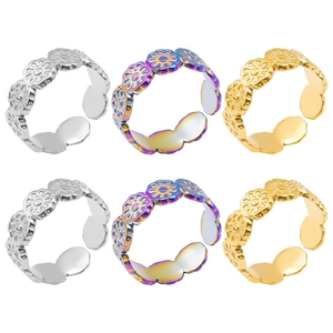 Detailed view of adjustable sunflower rings in silver, gold, and multicolor finishes