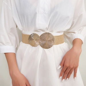 Women Straw Woven Elastic Wide Belt Fashion Dress Decoration Gold Round Sunburst Buckle Boho Style Waist Cinch
