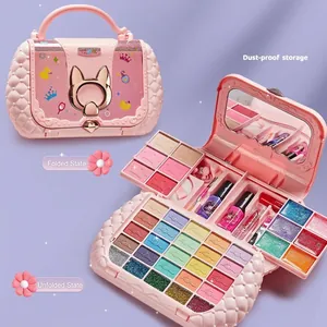 Washable children's makeup kit in a pink cat-shaped vanity case for little girls