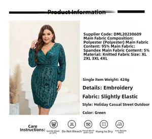 Détails de la robe verte à col en V avec broderie noire et spécifications techniques