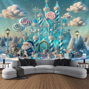 Christmas tapestry with blue snow castle, Santa Claus, and reindeer for wall decor