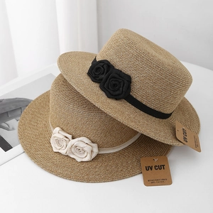 Boater Hat Women Paper Straw UV Protection Sun Beach French Rose Flower Ribbon Elegant Breathable