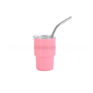 Detailed view of pink 3oz mini stainless steel tumbler with straw and clear lid