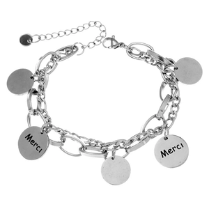 Detailed view of silver double-layered chain bracelet with Merci engraved coin pendants