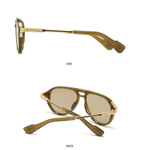 Detail view showing model M9025 code on vintage pilot sunglasses temple with gold metal hinge