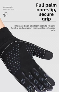 Detail of winter gloves featuring anti-slip silicone grip dots on palms and fingers