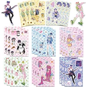 Flat lay of 12 cute Korean anime style stickers with pastel checkered background