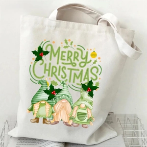 Christmas Canvas Tote Bag Gnomes Penguin Print Reusable Shopping Shoulder Handbag For Women Holiday Gift