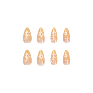 Pink daisy floral press-on nails with almond shape and gradient polka dot design