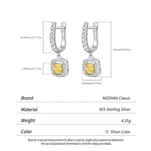 Elegant S925 sterling silver hoop earrings with square yellow zirconia and size specs