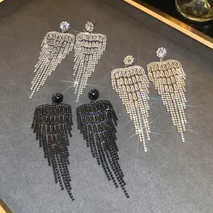 Sparkling silver needle flower tassel earrings in gold, silver, and black metal finishes