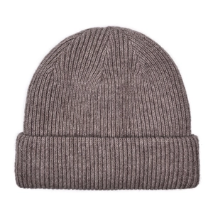 Close-up of brown wool knitted beanie showing chunky ribbed texture and cuffed design
