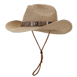 Vintage western cowboy straw hat with shell band and adjustable chin strap