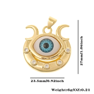 Detail of gold crescent moon and blue evil eye pendant with dimensions and weight info