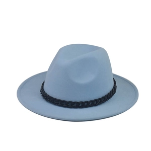 Detail of light blue wool fedora hat featuring a stylish black decorative chain band