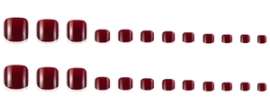 Set of 24 pieces professional red press-on toenails in various sizes on white background