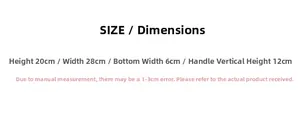 Detailed size chart for sweet bow canvas tote bag showing height 20cm and width 28cm