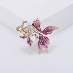 Exquisite gold goldfish brooch with crystal rhinestones and colorful enamel accents